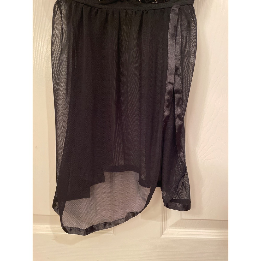 Daisy Fuentes Black Gold Lace Mesh Babydoll Chemise Lingerie DF2151 Large - Picture 2 of 6